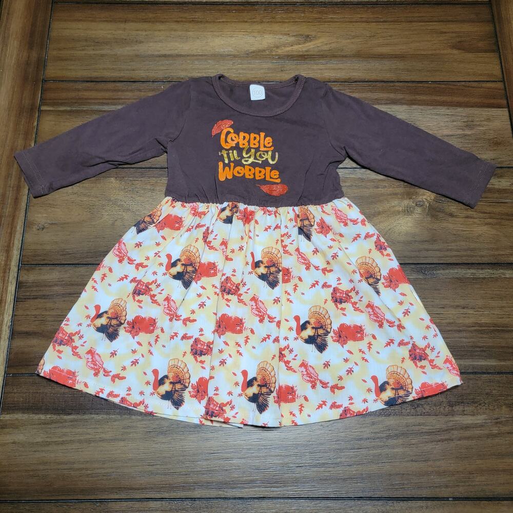 Toddler Thanksgiving LS Dress "Gobble 'til You Wobble" - Size 2T